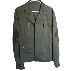 Jim Thompson Jacket Womens Size Large Floral Embroidered Sleeves Army Green